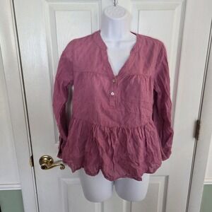Dolan Left Coast Collection Pink Clip Dot Tiered Peplum Top XS Boho Long Sleeve